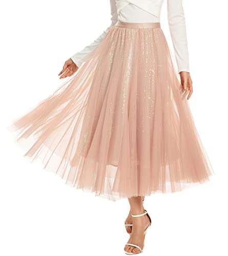 Women’s Tulle Skirts Midi Elastic High Waist Pleated Mesh Flowy A-Line Party Long Tutu Skirt