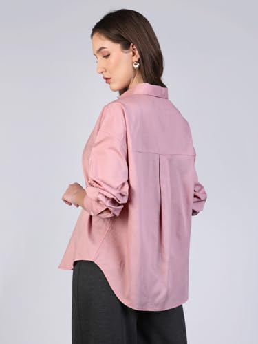 Image of Urbano Fashion Women's Cotton Full Sleeve Oversized Fit Casual Solid Slub Shirt with Spread Collar