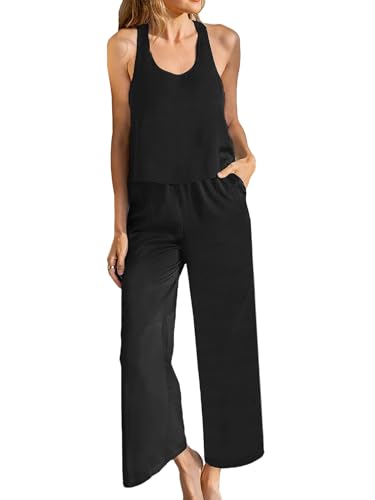 JFAN Conjuntos Chándal Mujer Verano Dos Piezas Casual Conjunto Deportivo Mujer de Camisetas sin Mangas con Cuello Redondo y Pantalones de Talle Alto,Negro,L