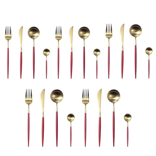 Image of aDai Premium Gold SUS304 Stainless Steel Cutlery Set - 10 Spoons, 5 Fork, 5 Steak Knife - Mirror Finish Dinnerware Flatware (Cherry Red - Set of 20)