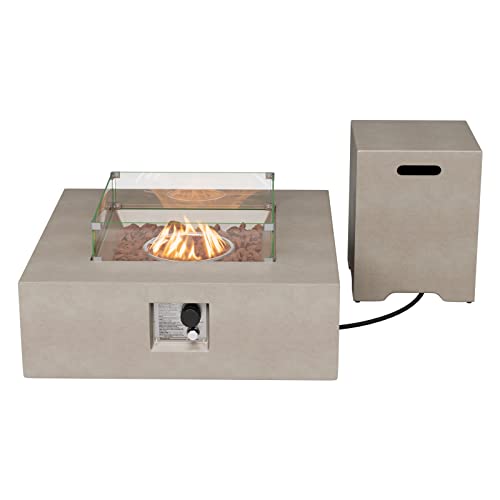 Cosiest 35-Inch Square Outdoor Sandstone Propane Fire Pit W Wind Guard And Side Table, 50,000 Btu Stainless Steel Burner, Free Lava Rocks And Rain Cover, Metal Lid(Gray) #TOP7