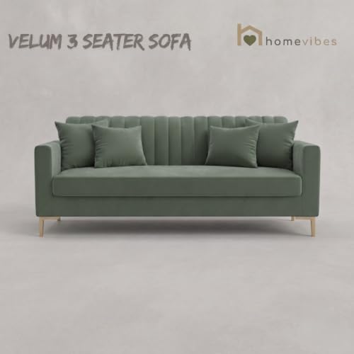 Image of Velum 3 Seater Sofa for Living Room & Office | Premium Fabric Upholstery | Solid Wood Frame | Comfortable Seating | 3 Years Warranty (Frosty Green, 3 Seater Sofa)