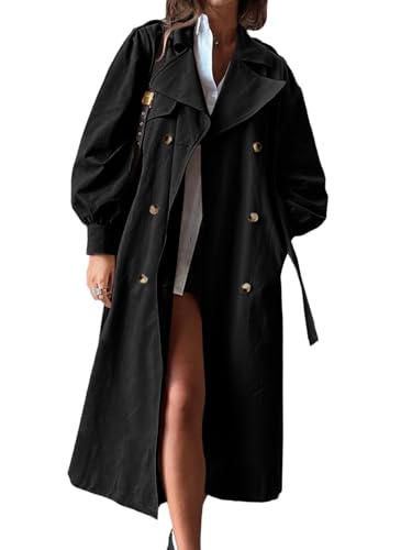 Tankaneo Womens Long Trench Coat Fall Fashion Oversized Double Breasted Lapel Overcoat Outerwear with Belt