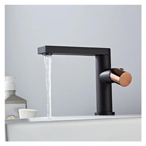 Robinet de lavabo noir et or rose éliminant les traces grâce à sa brosse de bassin