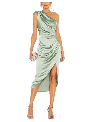 Image of Satin Bridesmaid Dresses for Women One Shoulder Prom Dress Pleated Midi Formal Cocktail Gown Wedding Guest Dress with Slit
