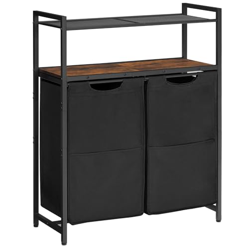 HOOBRO Laundry Basket with Shelf, Laundry Hamper 2 Compartments, Laundry Sorter 99 L, with 2 Pull-Out and Removable Bags, 2 Shelves, for Bathroom, Rustic Brown and Black EBF73XY01
