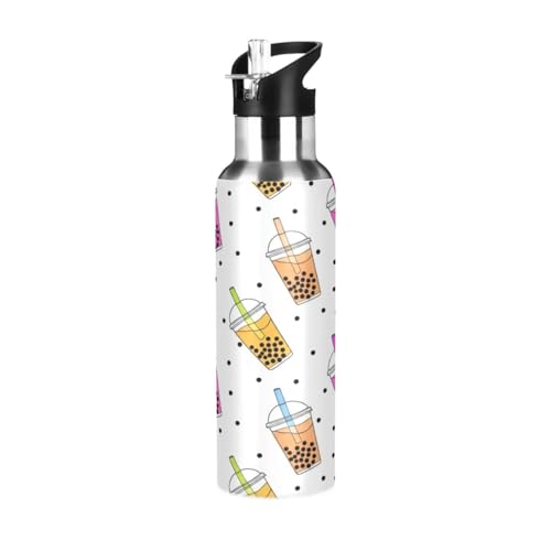 Botella de agua deportiva sin BPA de 32 onzas, botella de agua aislada al vacío de acero inoxidable para gimnasio, al aire libre, viajes, escuela, té de burbujas de dibujos animados