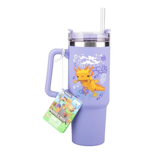 Paladone Gobelet isotherme et paille Minecraft Axolotl Violet, 900 ml, Tasse de voyage sous licence officielle Quencher avec poignée pour thé glacé ou café