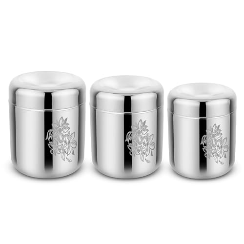Image of 304 Grade Stainless Steel Canisters /Containers Set Of 3 Pcs (350, 550 & 700ml) Permanent Laser Design - Daisy, Looks Beautiful, Attractive & Elegant - Durable, Safe & Unbreakable