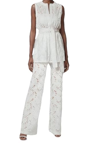 Ensemble deux pièces creux femme pantalon large taille haute blanc L