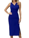 Missufe Sommerkleid Cocktailkleid Bodycon Wickelkleid Midikleid Damen Partykleid Abendkleid Enges Business Kleider (Königsblau, Mittel)