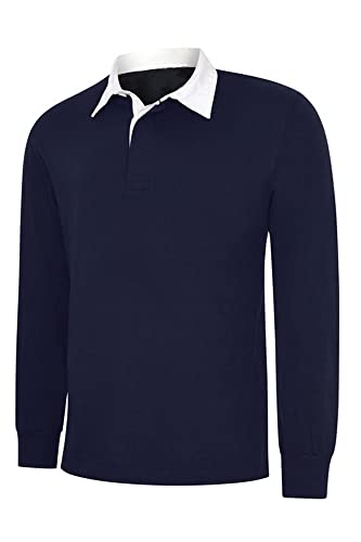 Men's Long Full Sleeve Classic Rugby Shirt Plain Cotton Casual Sports Work TOP (Medium, Navy)