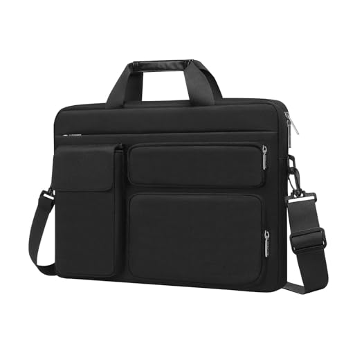 15.6 Inch Laptop Shoulder Bag - Computer Briefcase for HP/Dell/Lenovo with 4 Pockets (2 Raised + 1 Flapover + 1 Horizontal) & Handle (Black)