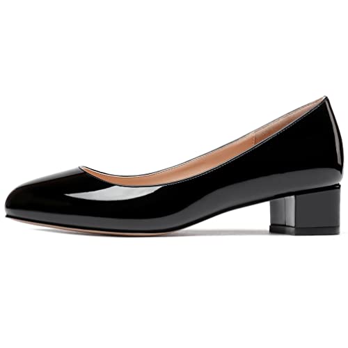 WAYDERNS Women's Black Chunky Round Toe Patent Slip On Low Kitten Heel Pumps Shoes 1.5 Inch Size 102