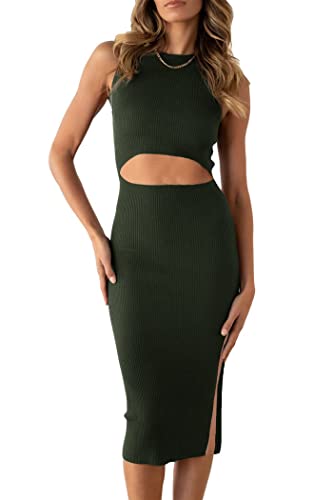 Image of PRETTYGARDEN Women's Summer Midi Bodycon Dresses Casual Crew Neck Side Slit Sleeveless Knit Cut Out Tank Top Dress