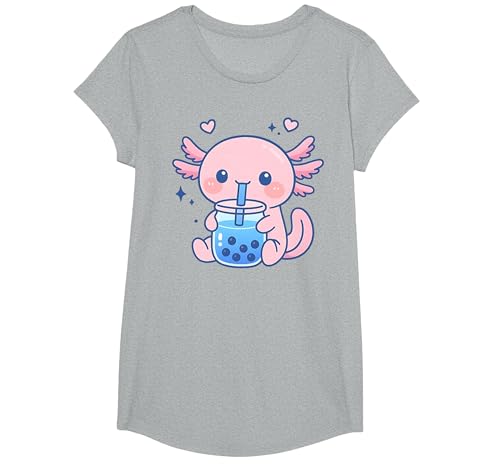 Kawaii Axolotl Drinking Boba Tea Cute Bubble Tea T-Shirt, Girls, Heather Grey, Small