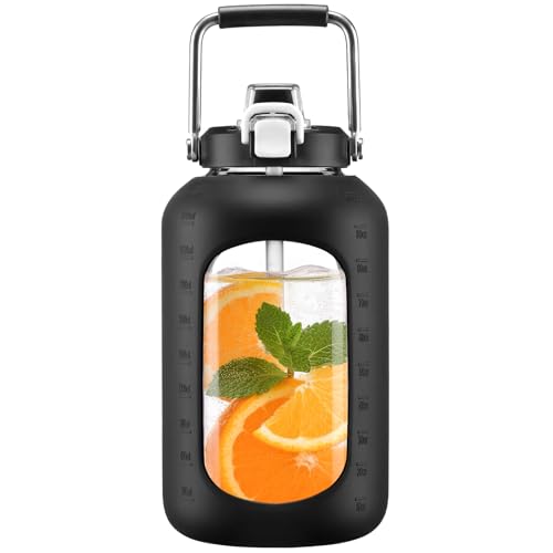 Image of WINSA 100 oz Glass Water Bottle with Straw, 3 Liter, Black | Gallon Drinking Bottle with Handle, Large Glass Water Jug, Silicone Sleeve for Gym Sports, Wide Mouth