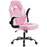 DUMOS Gaming Ergonomic Office Chair for Adults, Height Adjustable Computer Desk Chair with Flip-up Armrests, PU Leather Swivel Video Game Chair with 360° Rolling Wheels, Pink