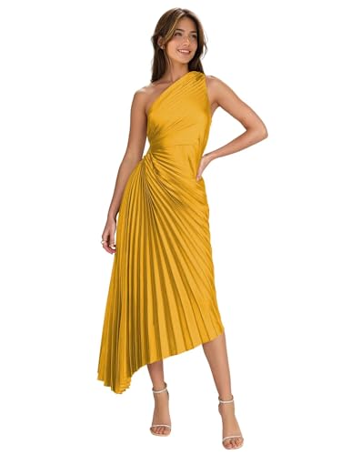 deamify Women's One Shoulder Ruched Satin Bridesmaid Dresses 2025 Long Sleeveless Pleated Formal Evening Gown Gold 6