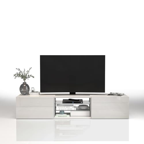 WHOUS Egypt Meuble TV pour Salon avec 2 Portes et 2 Etagères en Verre, Meuble TV pour Séjour, Dimensions: 180 x 38 x 35 cm, Couleur Blanc Brillant