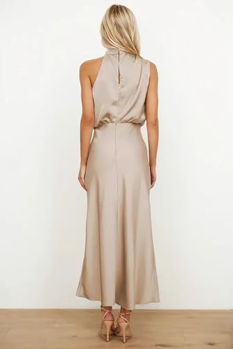Image of Alidamo Satin Summer Formal Dress for Women Sleeveless Wedding Guest Cocktail Party Dresses Date Night Cream XL