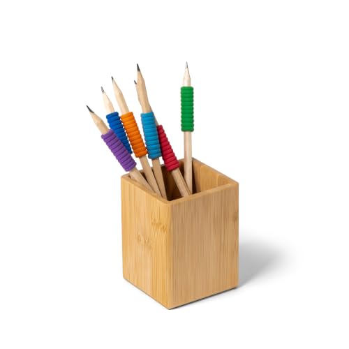 OSCO Bamboo Square Pen Pot Sustainable MOSO Desk Tidy and Office Organiser Compact Pencil Holder for Workspace Makeup Brushes and Cosmetics 10.2 × 7.7 × 7.7 cm