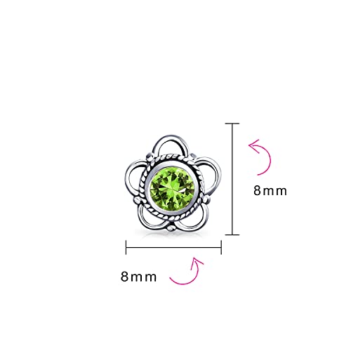 Bali Style Tiny Flower Lime Green Peridot Gemstone Stud Earrings For Women Oxidized Sterling Silver August Birthstone #TOP3
