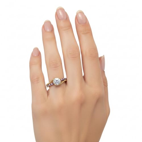 Image of Choose Your Gemstone Rope Split Shank Diamond CZ Ring Yellow Gold Plated Round Shape Split Shank Engagement Ring Minimal Modern Design Birthday Gift Wedding Gift US Size 4 to 12