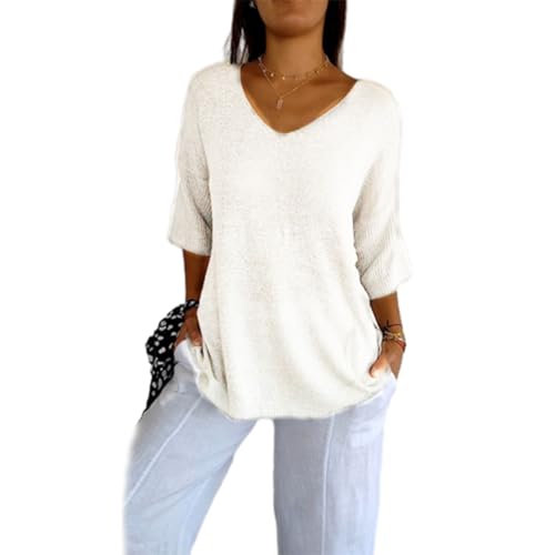 Frontaley Clothing, Frontaley Women's Solid Color Knitted V-Neck Top, Lightweight 3/4 Sleeve Sweater