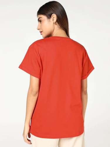 Image of Bewakoof Women's Graphic Print Boyfriend Fit Half Sleeve Round Neck Pure Cotton T-Shirt 694320 Red XL