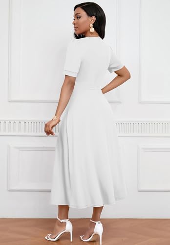 Image of MarryUP Women's Midi Dresses - V Neck Cocktail & Church Tea Dresses - Short Sleeve A-Line Swing Dress