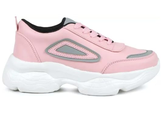 Looper Women’s Fashion Sneakers, Pink and Silver Athletic Walking Shoes, Casual Lace-Up Sports Trainers with White Platform Sole for Girls