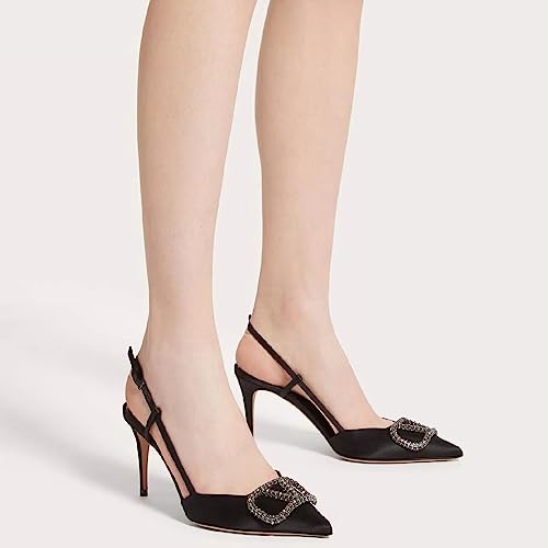 Image of BlingQueen Women Heeled Slingback Sandals Closed Pointed Toe Stiletto High Heels Patent Leather Pumps Slip-On Backless Evening Prom Party Dress Shoes