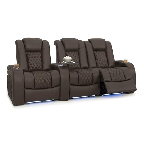 Image of Seatcraft Diamante Brown Italian Leather Home Theater Seating, Zero Gravity Power Recliner Gaming and Home Office Chair Powered Headrest Lounge Sofa Furniture for Cinema Room, Row of 3 Right Loveseats
