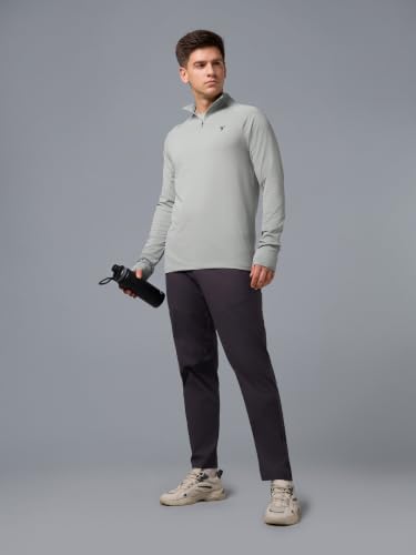 Image of TECHNOSPORT Men's Solid Quarter Zip Gym Slim Fit Active Sports T-Shirt with COTFLEX Full Sleeve Cotton Feel Polyester 4-Way Stretch Memory Fabric Lightweight Workout Running Training