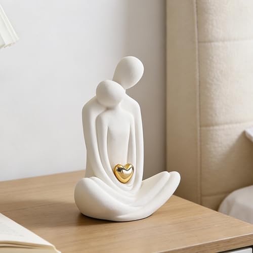 GOEDCH Romantic Couple Statua - Statuetta in ceramica con cuore bianco e oro, in ceramica, per decorare il soggiorno, decorazione per il soggiorno, decorazione del soggiorno, statuetta decorativa
