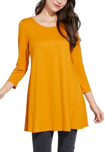 Enmain Tunika Damen Langarm Große Größen 3/4 Arm Gelb Longshirt Longbluse Einfarbig Bluse Oberteil Tops Elegant Lässig für Leggings L