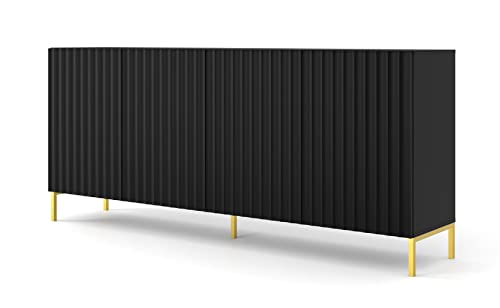 Homlando Commode Wave 4D 200 cm avec façades en MDF sur Pieds en métal, Buffet, Haut Board 4 Portes, Armoire (Noir Mat)