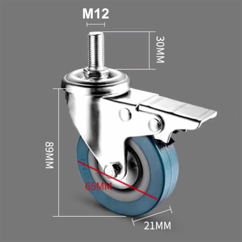 Ruote piroettanti industriali da 2,5/3 Pollici silenziose con Filettatura M12, bloccabili e Resistenti all'Usura, perfette per carrelli Multiuso e scarpiere, Set da 4 Pezzi.