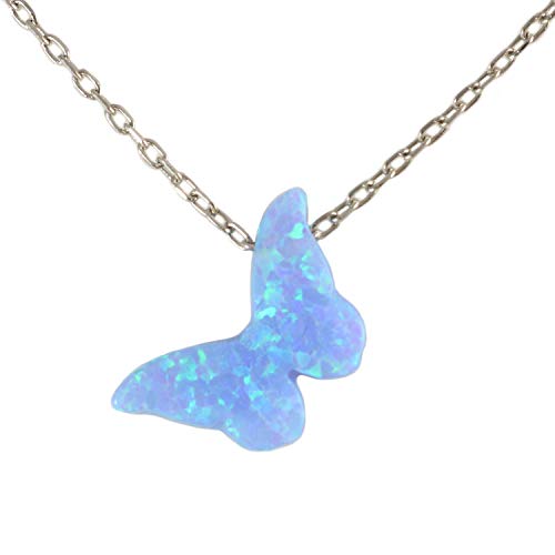 Echmeck Handmade Mini Light Blue Created Opal Butterfly Pendant Necklace With Sterling Silver Chain 16+2 Inches #TOP8