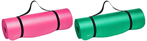 Image of amazon basics Nitrile Butadiene Rubber 13mm Extra Thick Yoga | Exercise Mat with Carrying Strap | Pink & Green Combo
