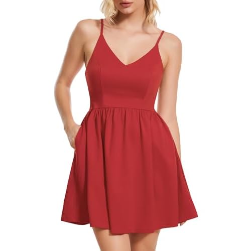 ROYLAMP Women's Casual Spaghetti Strap Dresses Elegant V-Neck A-line Swing Petite Tiered Short Mini Dress with Pockets Large Red