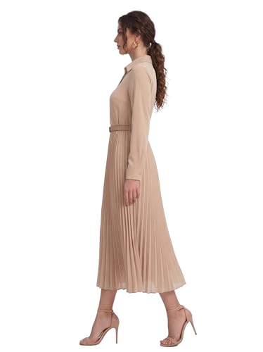 Image of Business Casual Shirt Dress for Women Long Sleeves Pleated Midi Dresses with Belt
