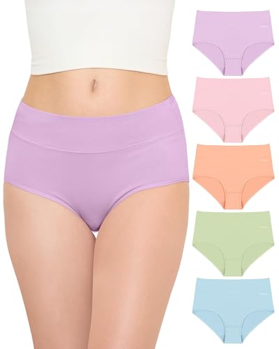 TANSTC Culotte Femme Coton sous-vêtements Femme Stretch Taille Haute Panties Slip Respirant Multipack Lot de 5, Bleu+Vert+Rose Clair+Saumon+Violet, XL