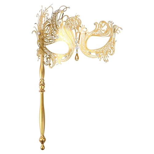 JewelryWe Womens Masquerade Masks: Venetian Rhinestone Metal Mask with Stick Costume Accessories for Halloween Mardi Gras
