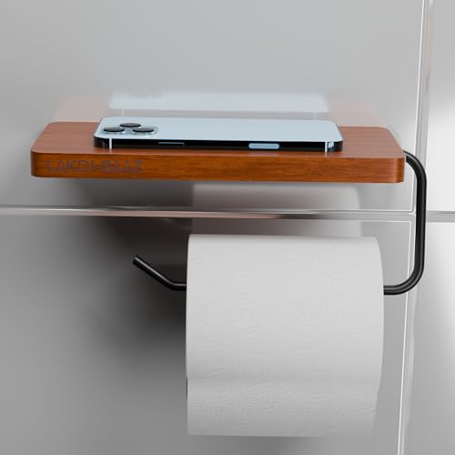Image of Wooden Toilet Paper Holder with Phone Shelf for Bathroom Roll Holder- Matte Black Metal Tissue Roll Stand for Wall Mount - No Drill - Smartphone Shelf Organizer