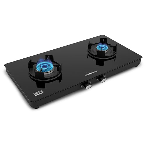 Image of Sunshine Regal Pro Gas Stove | 2 Burner Glass Cooktop | 5 Year Warranty on Burner and Glass | ISI Certified | Manual Ignition | LPG Ready & PNG Compatible (Premium Black)