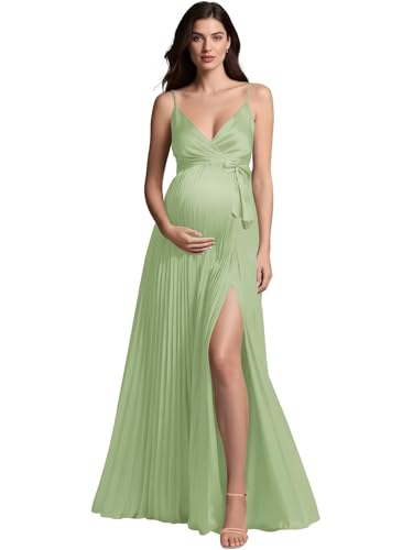 V Neck Maternity Dresses for Photoshoot Pleated A Line Satin Baby Shower Dress Pregnancy Gown for Women