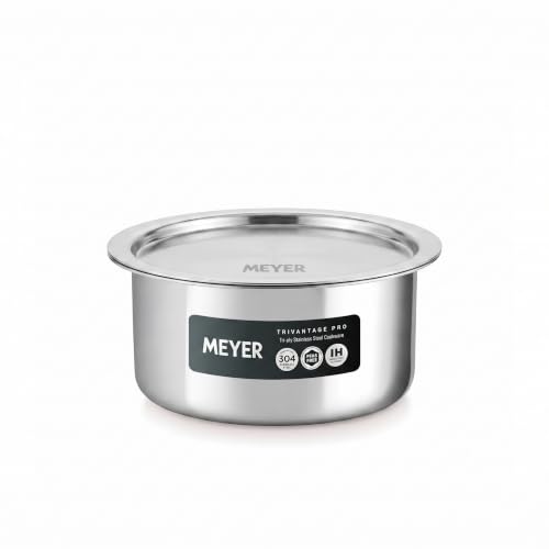 Image of Meyer Triply Stainless Steel Tope with SS 304 Lid | Healthy, Non Toxic | Extended Grip | Bhagona | Tapeli | Patila | for Boiling Milk /Water | 16CM /1.5 litres Capacity | 10 Year Warranty | Silver