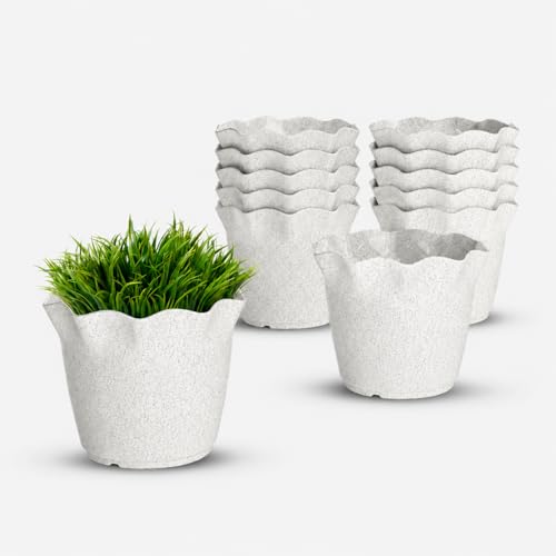 Image of YUCCABE ITALIA SHERA Flower Plastic Flower Pot Unbreakable Round Shape Planter with Drainage Holes Planter Suitable for Home Garden Seedling Indoor and Outdoor (Marble White, 4 INCH - 12 Pcs)
